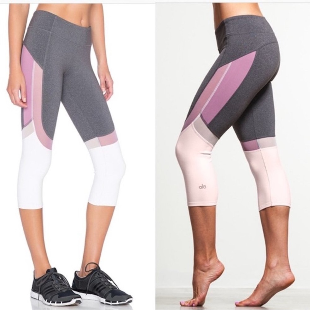 Alo Yoga Gray Pink Curvature Capri COLORBLOCK leggings sculpted mesh panels S